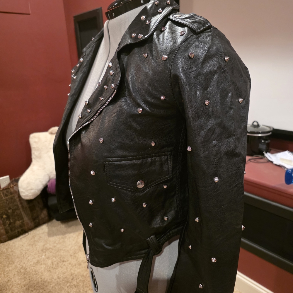 Studded Black Leather Moto Jacket - Women - Picture 3 of 7